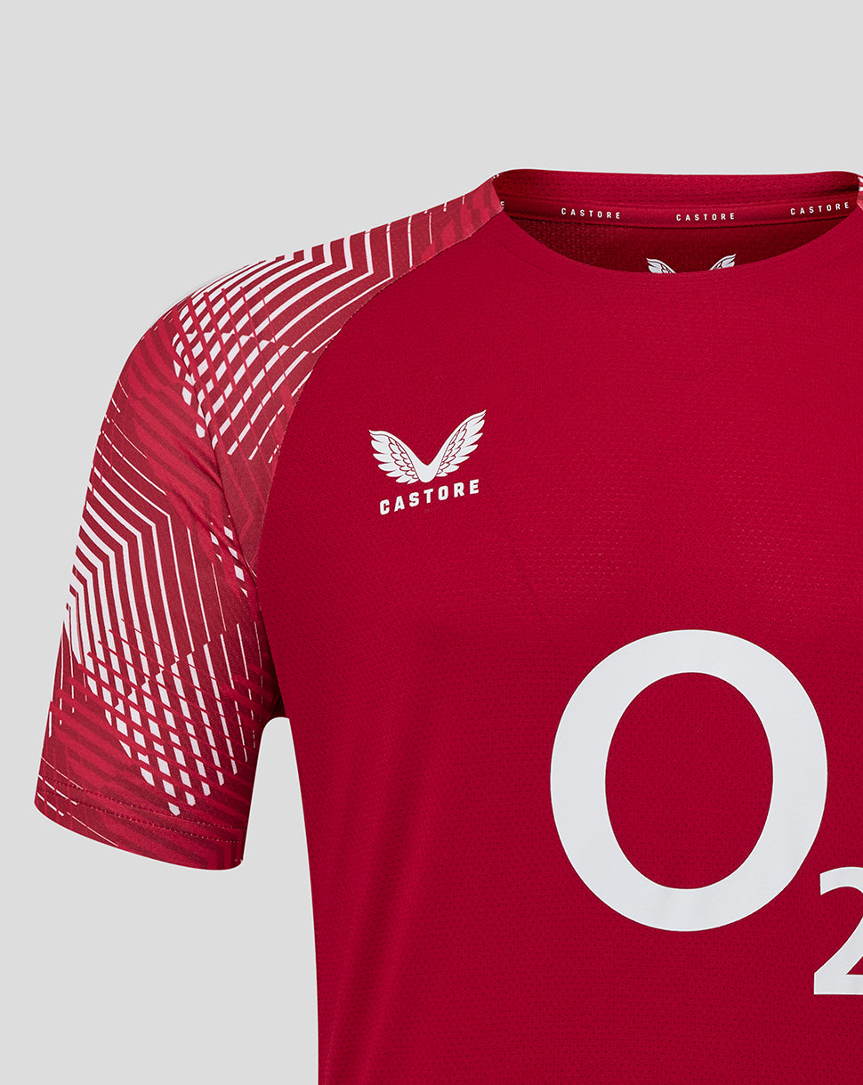 Front view of red England Rugby pre match shirt featuring large O2 logo and Rose crest on chest with patterned sleeves