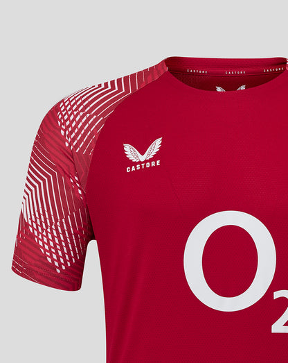 Front view of red England Rugby pre match shirt featuring large O2 logo and Rose crest on chest with patterned sleeves