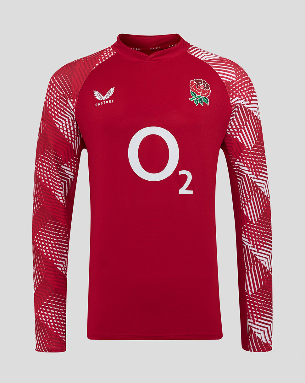 England Rugby red pre match long sleeve drill top with rose crest left chest O2 center Castore logo right chest and patterned sleeves
