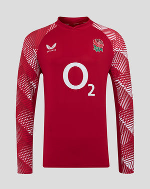 England Rugby red pre match long sleeve drill top with rose crest left chest O2 center Castore logo right chest and patterned sleeves