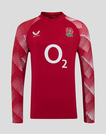 England Rugby red pre match long sleeve drill top with rose crest left chest O2 center Castore logo right chest and patterned sleeves