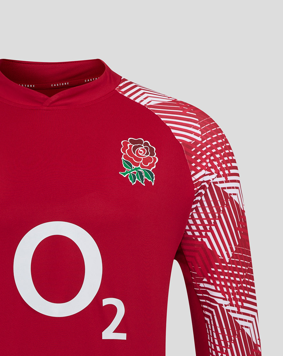 Front view of red England Rugby pre match long sleeve top with Rose crest on the left chest and large O2 logo center