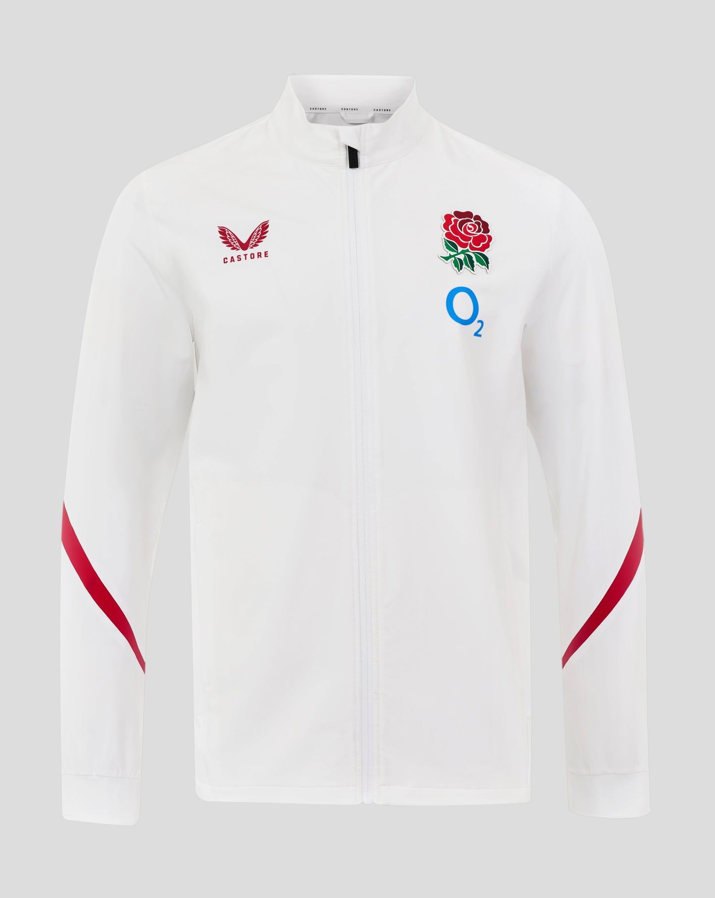 White England Rugby Anthem jacket with stand collar and full zip displaying rose crest, O2 logo and Castore branding on chest