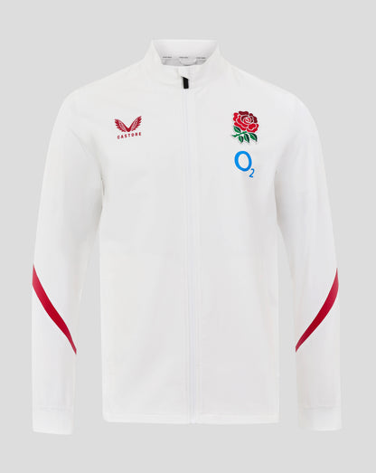 White England Rugby Anthem jacket with stand collar and full zip displaying rose crest, O2 logo and Castore branding on chest
