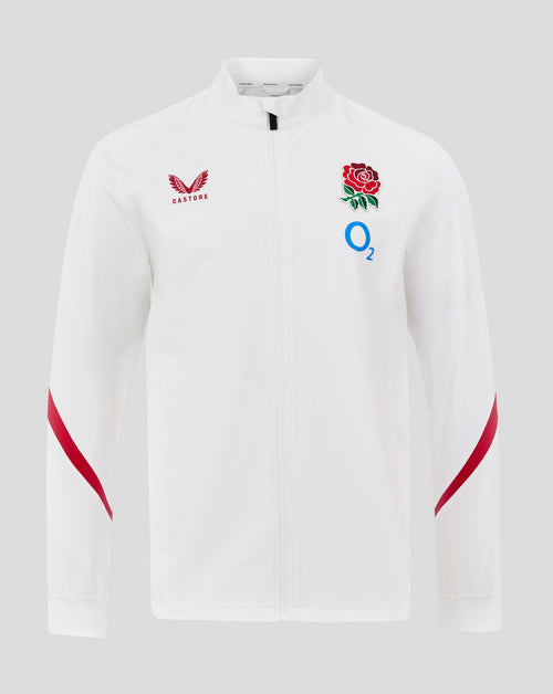 White England Rugby Anthem jacket with stand collar and full zip displaying rose crest, O2 logo and Castore branding on chest