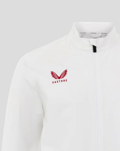Brilliant white men's England Rugby Anthem jacket with zip front and red Castore logo on the chest