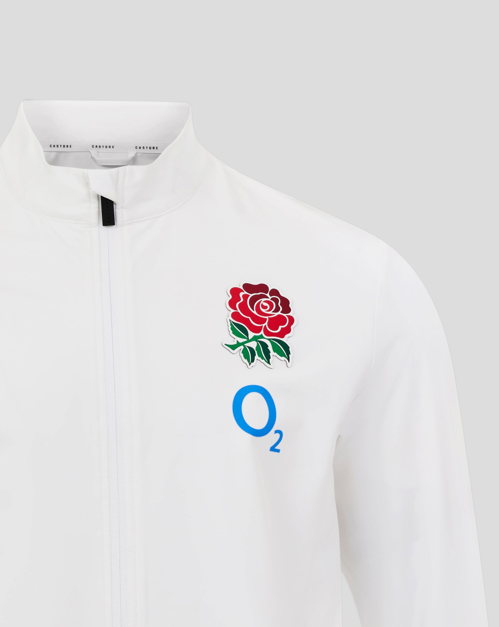White England Rugby Anthem jacket with bold red sleeve stripe along with rose crest and O2 logo on chest