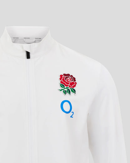 White England Rugby Anthem jacket with bold red sleeve stripe along with rose crest and O2 logo on chest