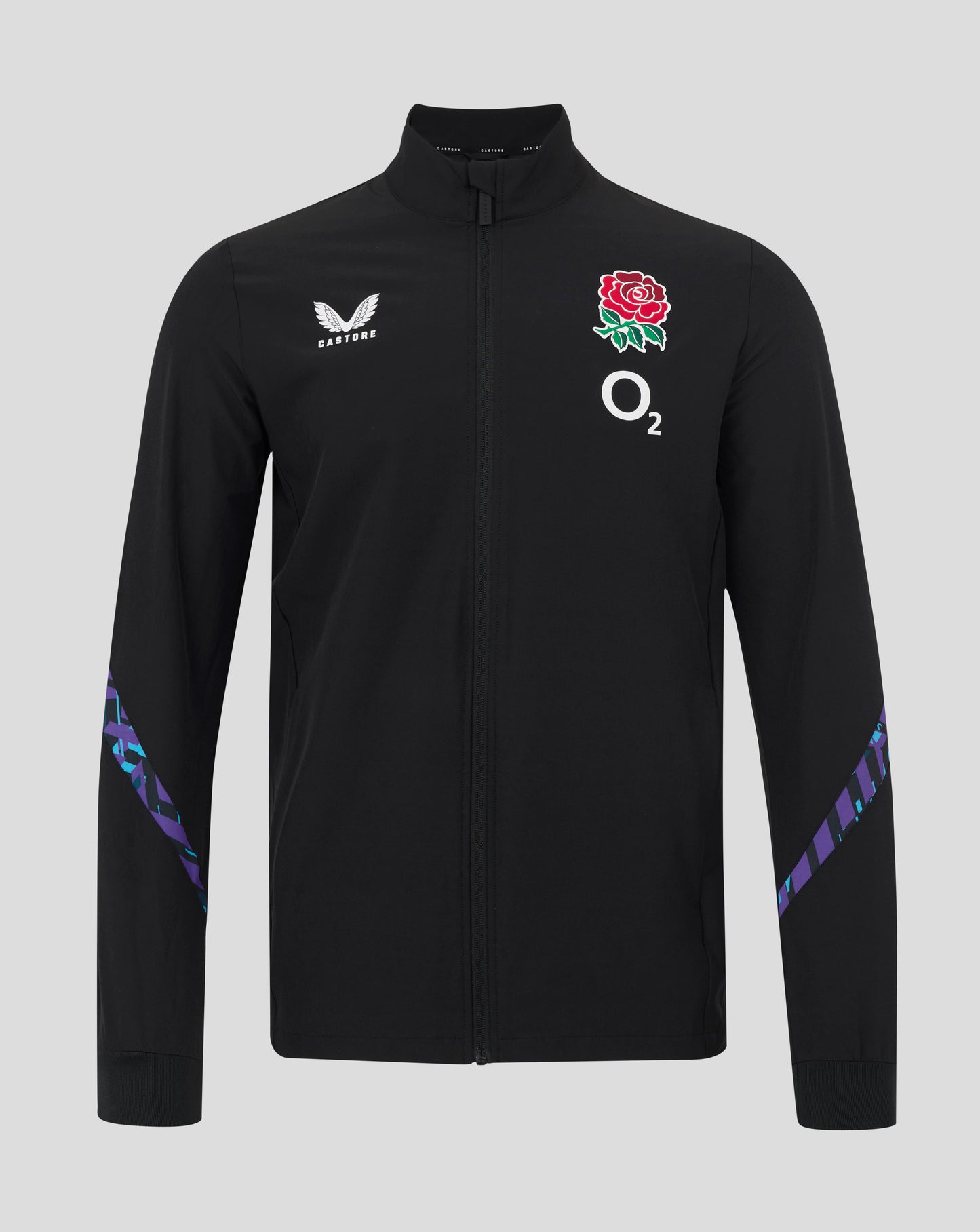 Black England Rugby men's alternate Anthem jacket with red rose crest and O2 logo on the chest, Castore branding, full zip.