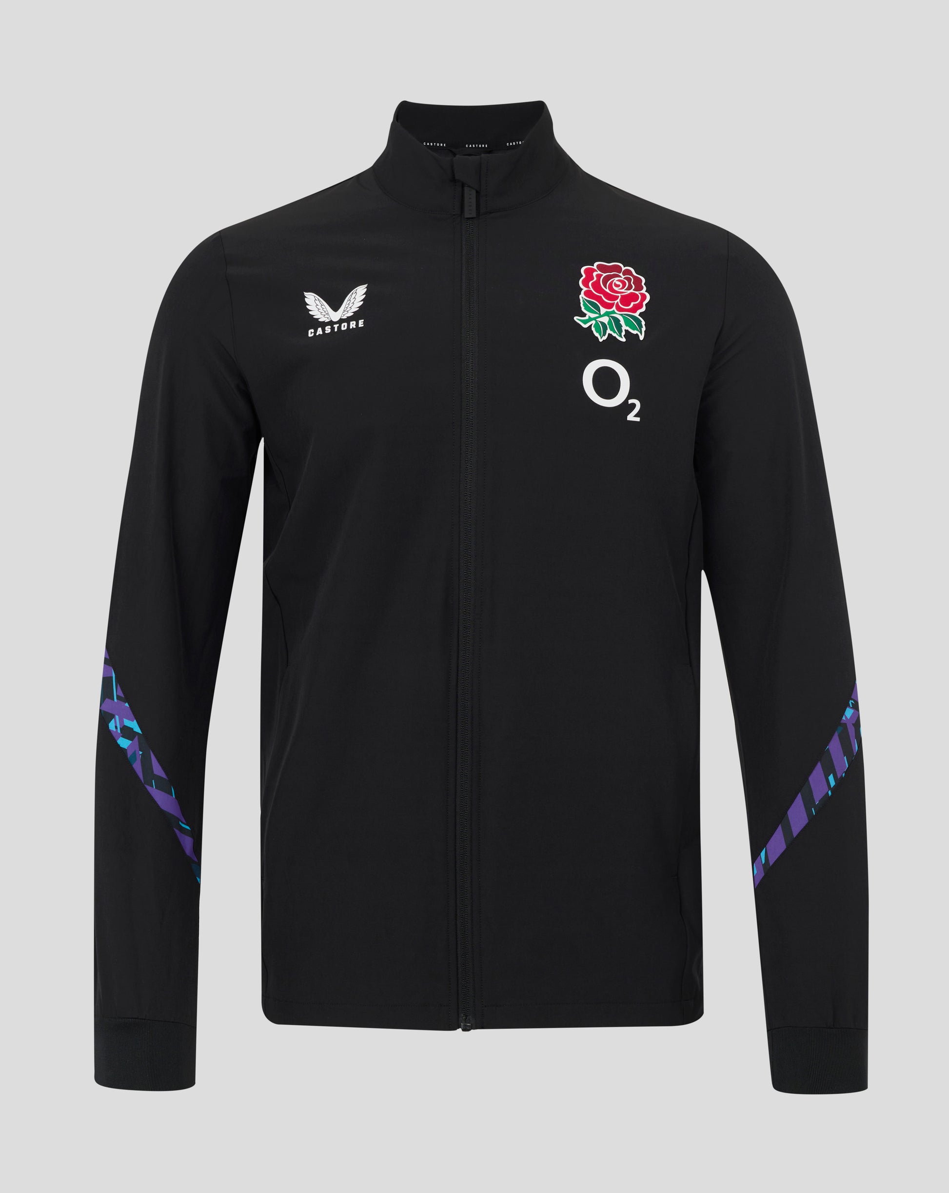 Black England Rugby men's alternate Anthem jacket with red rose crest and O2 logo on the chest, Castore branding, full zip.