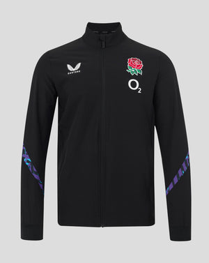 Black England Rugby men's alternate Anthem jacket with red rose crest and O2 logo on the chest, Castore branding, full zip.