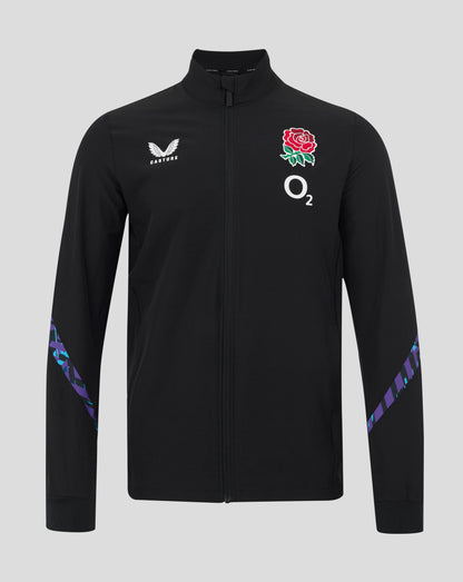 Black England Rugby men's alternate Anthem jacket with red rose crest and O2 logo on the chest, Castore branding, full zip.