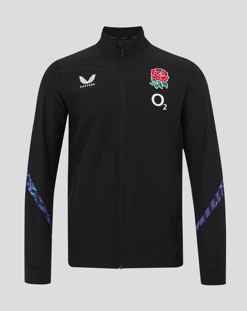 Black England Rugby men's alternate Anthem jacket with red rose crest and O2 logo on the chest, Castore branding, full zip.