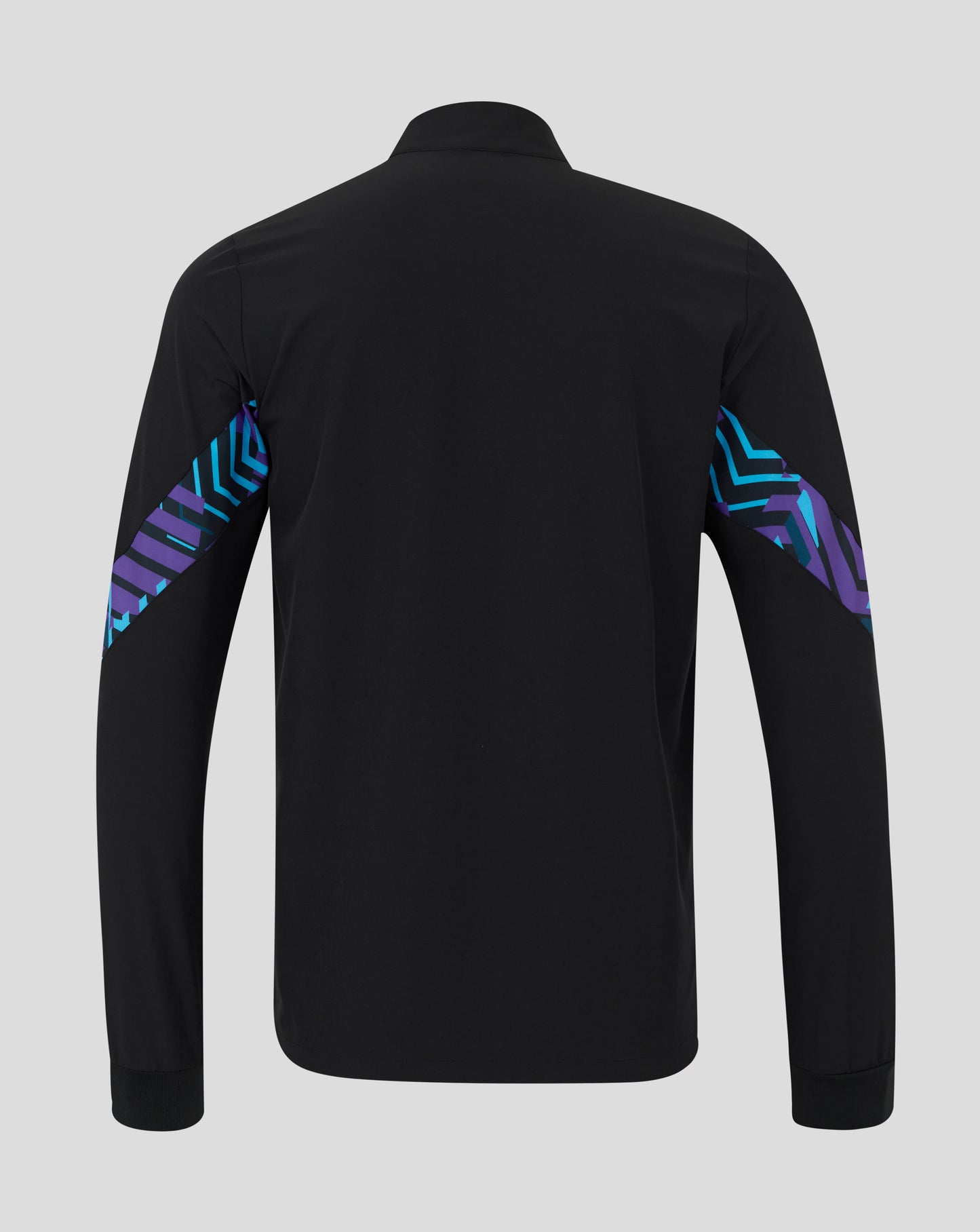 Back view of England Rugby Men's Alternate Anthem Jacket in black with blue and purple geometric sleeve accents.
