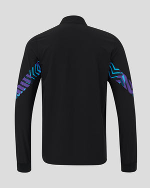 Back view of England Rugby Men's Alternate Anthem Jacket in black with blue and purple geometric sleeve accents.