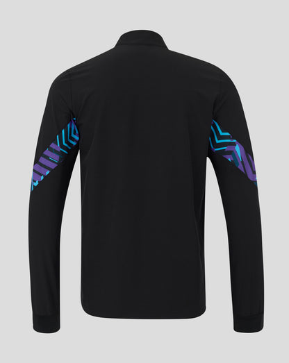 Back view of England Rugby Men's Alternate Anthem Jacket in black with blue and purple geometric sleeve accents.