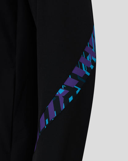 Close up of the jacket side featuring a purple and teal geometric patterned panel along the edge