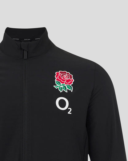 Close up of black England Rugby Alternate Anthem jacket with a red rose crest on the chest and front zipper