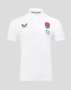 Front view of white England Rugby Travel Polo with club crest on left chest and O2 logo on right