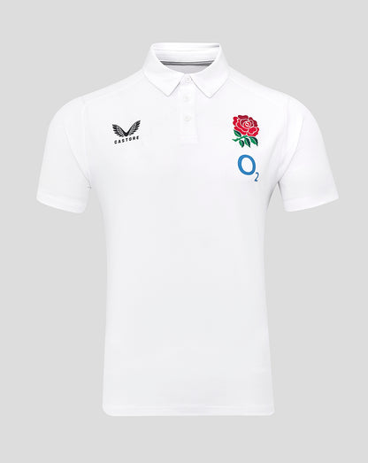 Front view of white England Rugby Travel Polo with club crest on left chest and O2 logo on right