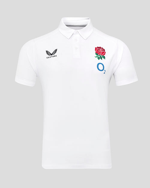 Front view of white England Rugby Travel Polo with club crest on left chest and O2 logo on right
