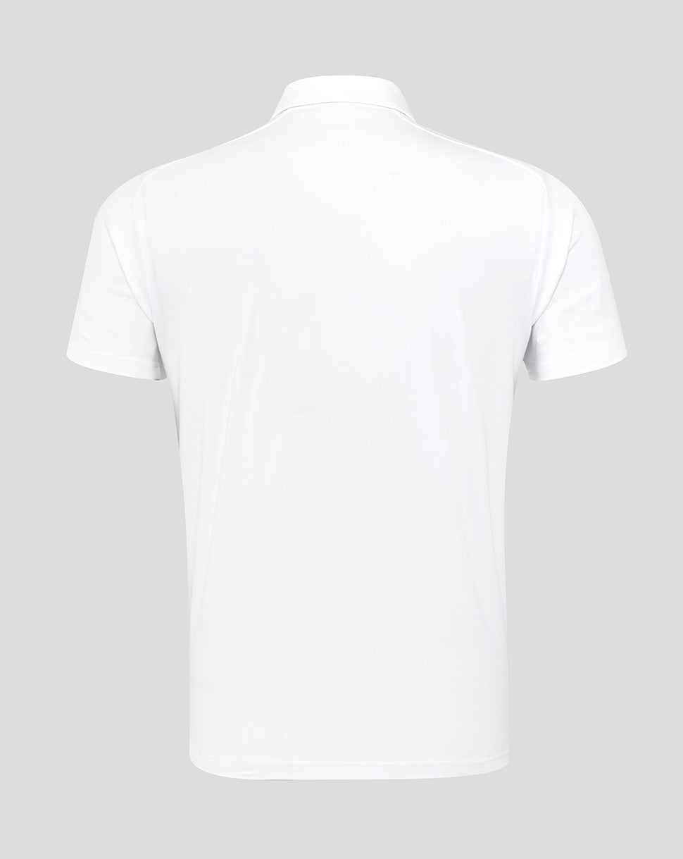 Back view of white England Rugby Travel Polo with simple collar and clean design