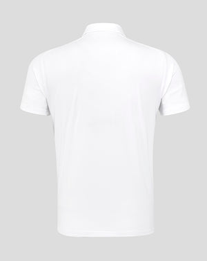 Back view of white England Rugby Travel Polo with simple collar and clean design