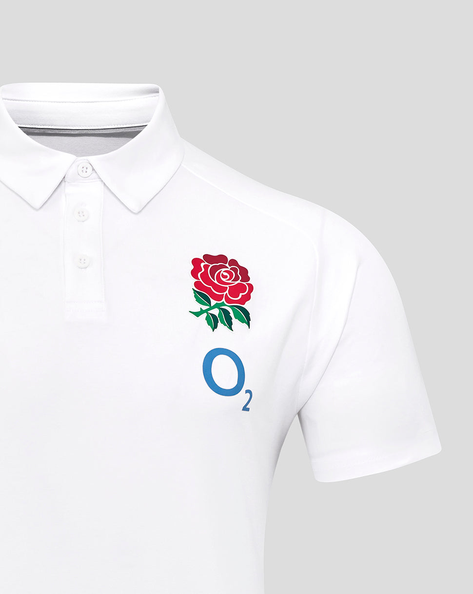 Brilliant white England Rugby travel polo with rose crest on left chest Castore branding on right chest and O2 logo below