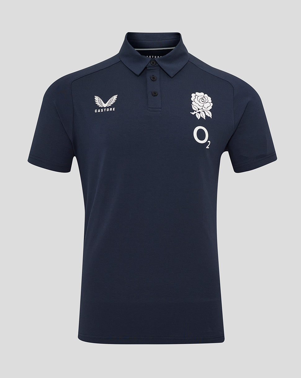 Navy England Rugby Travel Polo with rose crest left chest Castore branding left chest and O2 logo right chest