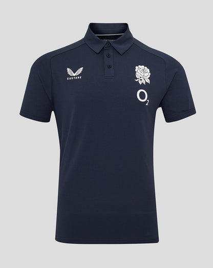 Navy England Rugby Travel Polo with rose crest left chest Castore branding left chest and O2 logo right chest