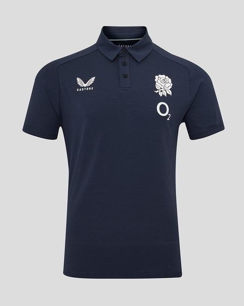 Navy England Rugby Travel Polo with rose crest left chest Castore branding left chest and O2 logo right chest