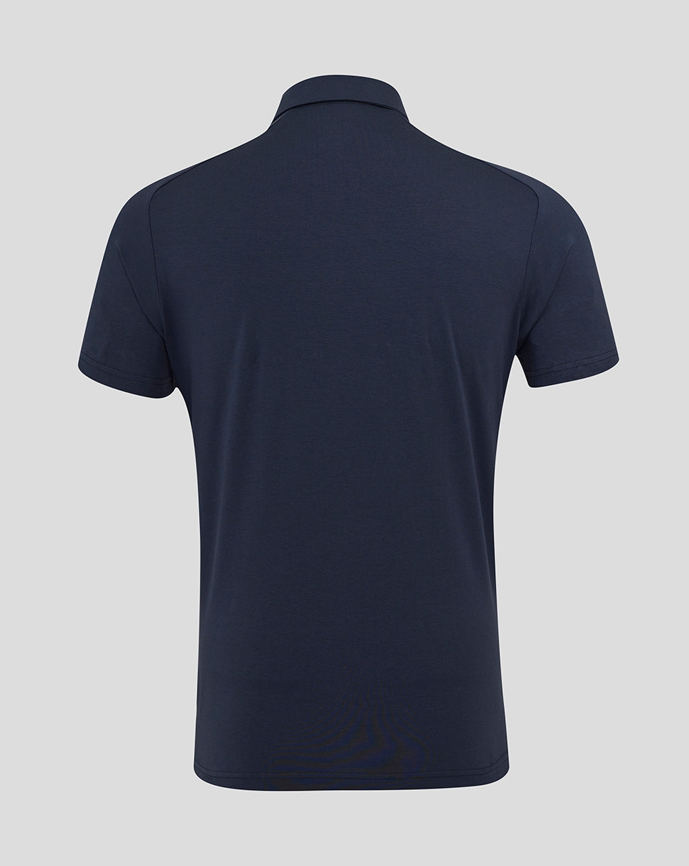 Back view of navy England Rugby Travel Polo with short sleeves