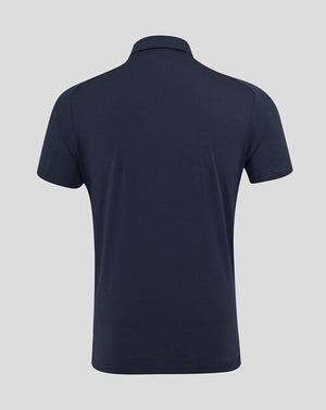 Back view of navy England Rugby Travel Polo with short sleeves