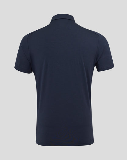 Back view of navy England Rugby Travel Polo with short sleeves
