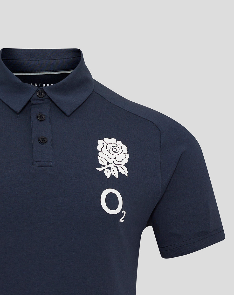 Close-up navy England Rugby Travel Polo with rose crest on left chest and Castore branding on right