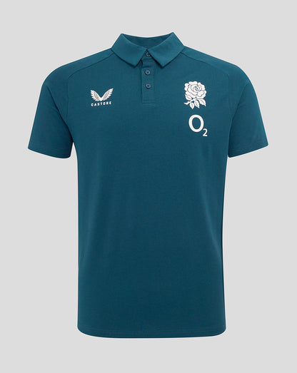 Teal Reflecting Pond England Rugby Travel Polo with white rose crest on left chest and O2 logo beneath; Castore branding on right chest.