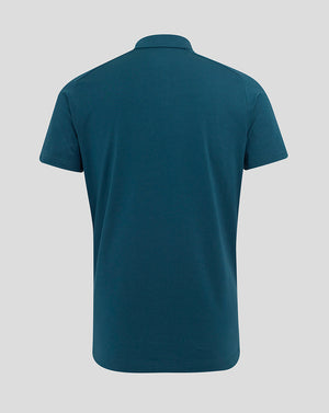 Back view of Men's England Rugby Travel Short Sleeve Polo in Reflecting Pond teal.