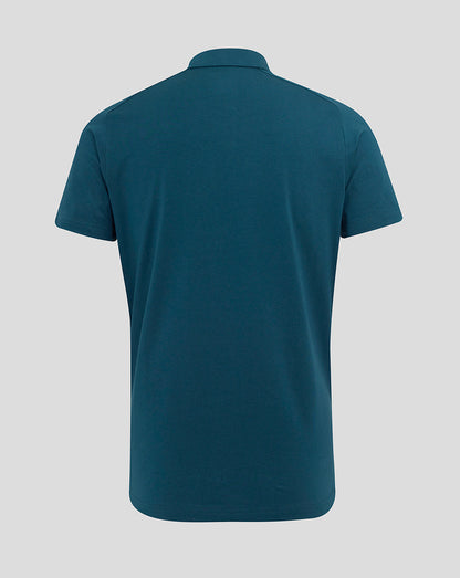 Back view of teal Reflecting Pond women’s England Rugby Travel Polo with collar and short sleeves.