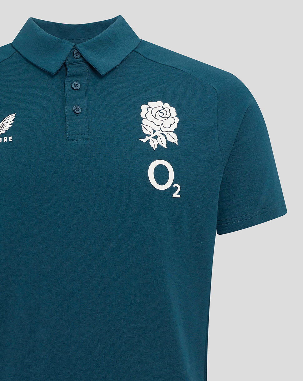 Front close-up of Reflecting Pond polo with the England rose crest on the left chest, O2 logo on the right, Castore branding.