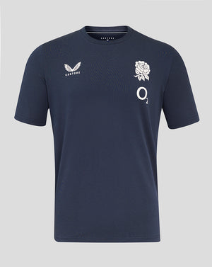 Navy England Rugby Travel Short Sleeve Tee front view with rose crest Castore logo on the chest and O2 badge