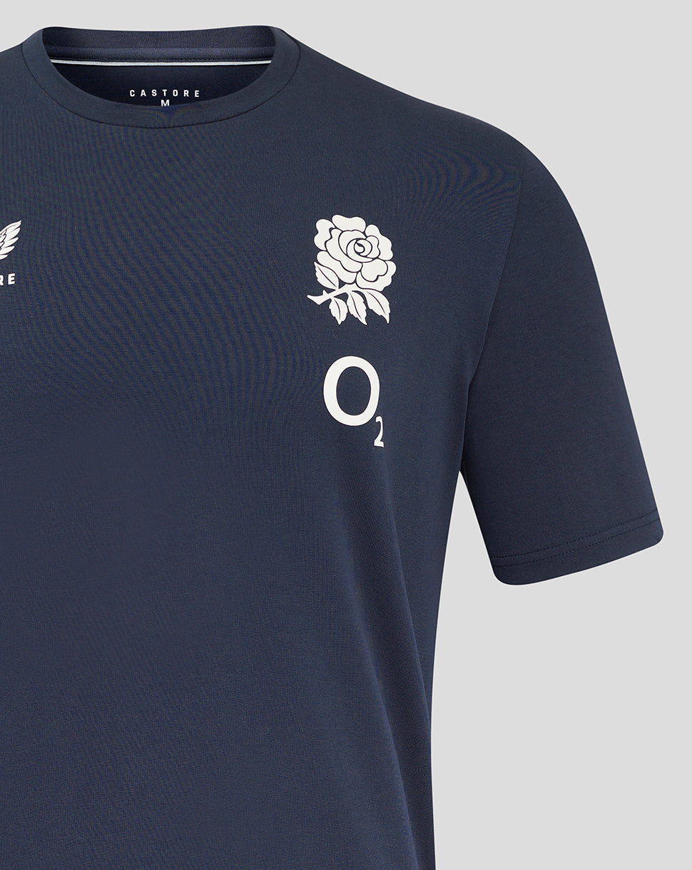 Navy England Rugby Travel Short Sleeve Tee showcasing rose crest on left chest and Castore logo on right chest.