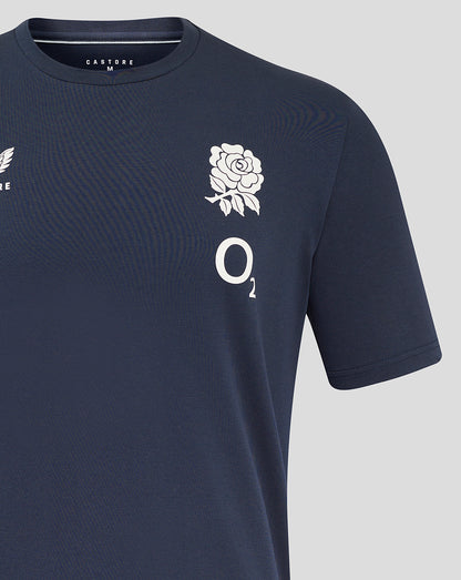 Navy England Rugby Travel Short Sleeve Tee showcasing rose crest on left chest and Castore logo on right chest.