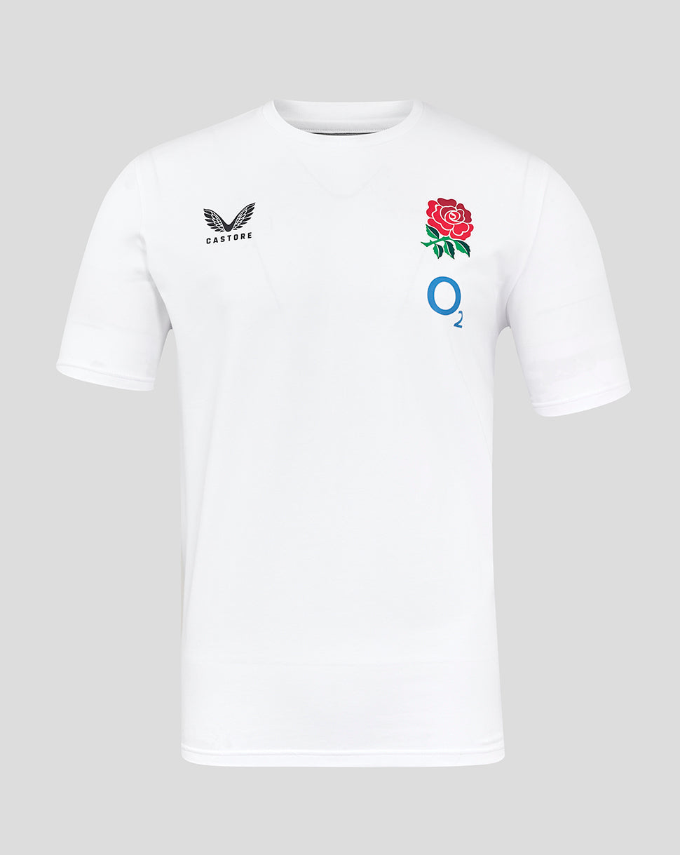 White England Rugby travel tee front view with Rose crest on left chest and Castore logo on right chest