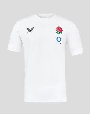 White England Rugby travel tee front view with Rose crest on left chest and Castore logo on right chest