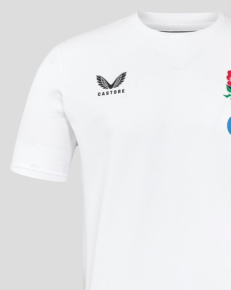 Close up of the chest area of a white England Rugby travel tee showing Castore logo and rose crest
