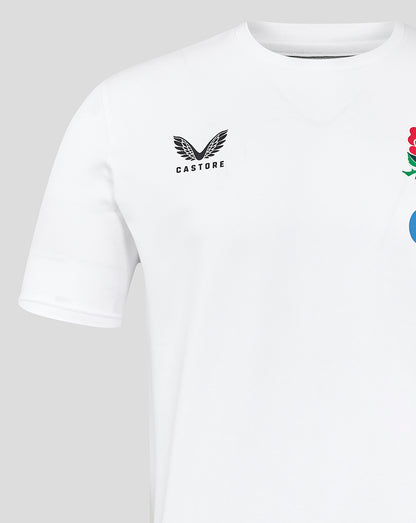 Close up of the chest area of a white England Rugby travel tee showing Castore logo and rose crest