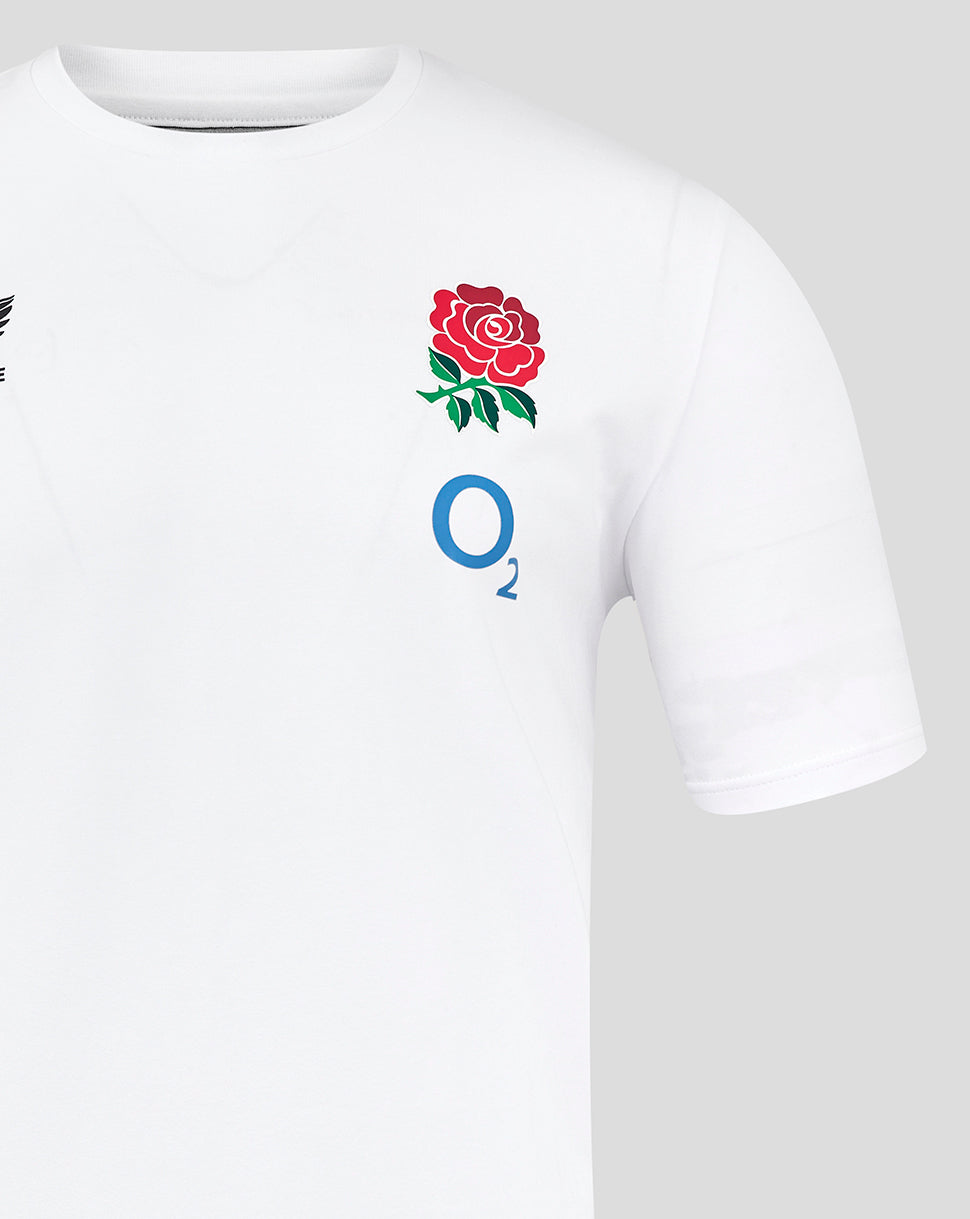 White England Rugby Travel Short Sleeve Tee with rose crest on left chest and O2 logo on the chest