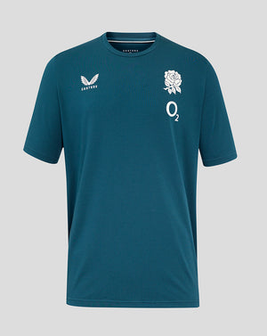 Front view of teal England Rugby Travel short sleeve tee with a white rose crest on the chest and Castore and O2 logos