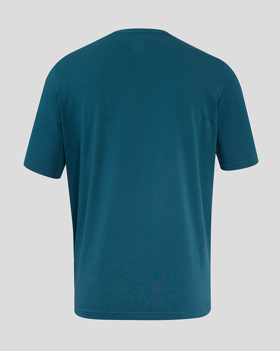 Back view of teal England Rugby Travel short sleeve tee with a clean minimal design