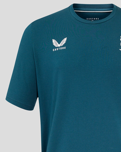 Teal England Rugby travel short sleeve tee with rose crest on left chest and Castore logo on right chest